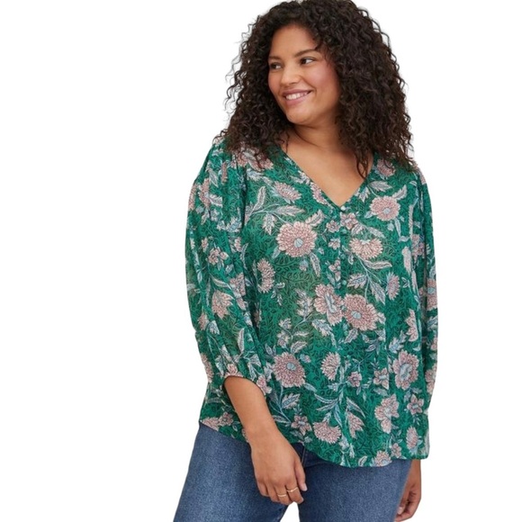 Torrid Women’s Chiffon Lurex Floral Print Plus Size 3X Button-Up Green - Picture 3 of 12